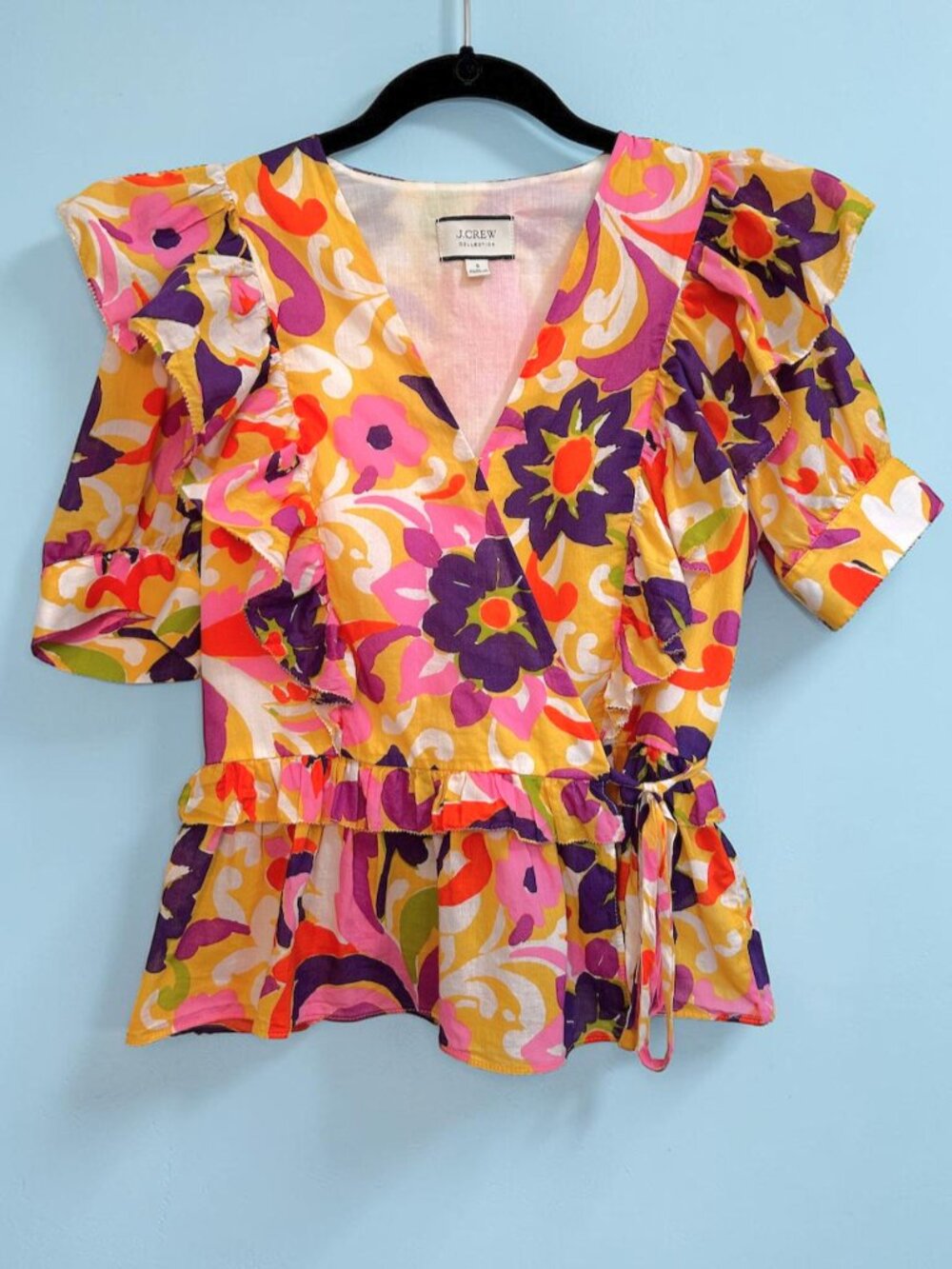 J. Crew ruffle wrap top in Ratti curly floral SO COLORFUL!